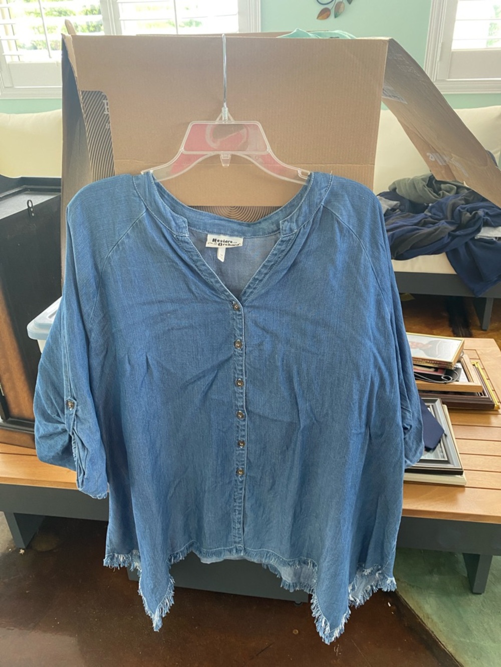 Mudd Women's Denim-Look Button Front Tunic in Blue